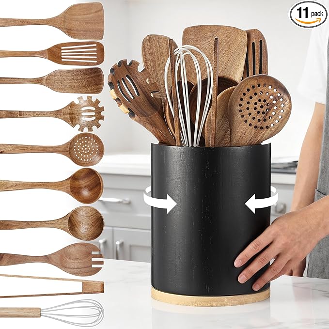 SiliFine 11 Pcs Wooden Kitchen Utensils Set with 360° Rotating Holder Acacia Wood Cooking Utensils with Cooking Spoons Spatulas for Nonstick Cookware Countertop(Straight Wood Holder,Black)