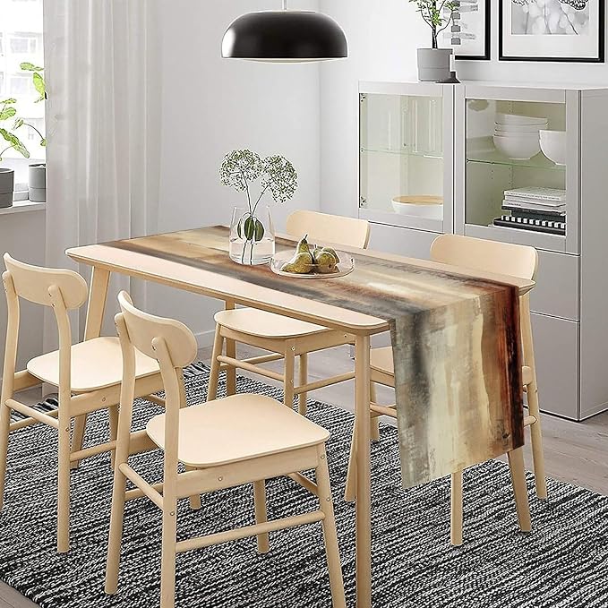 Grey Beige Table Runner Modern Abstract Art Vintage Brown Burlap Table Dinner Runner for Farmhouse Cabin Coffee Kitchen Dining Holiday Party Home Decoration 13x70in