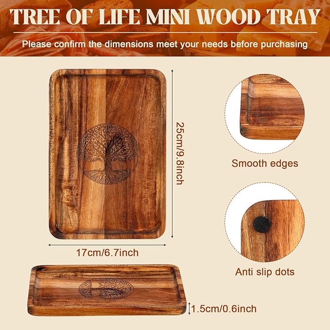 Rtteri Acacia Wood Serving Tray 10" x 6.7" Tree of Life Small Wooden Platter Rectangle Charcuterie Cheese Board for Food Coffee Table Dish Dessert Snack Tray Kitchen Home Bar Decor Housewarming Gift