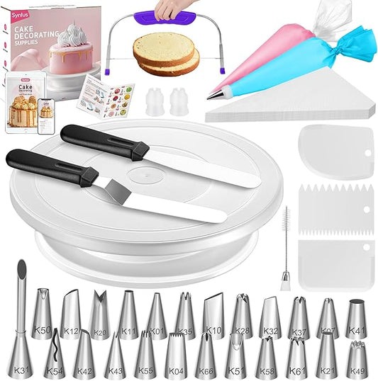 Syntus 65 PCs Cake Decorating Kit with Cake Stand Turntable, Cake Baking Supplies 30+1 Piping Bags, 24 Piping Tips, Offset & Straight Spatulas, 3 Scrapers, Leveler, 2 Couplers & 1 Tips Brush