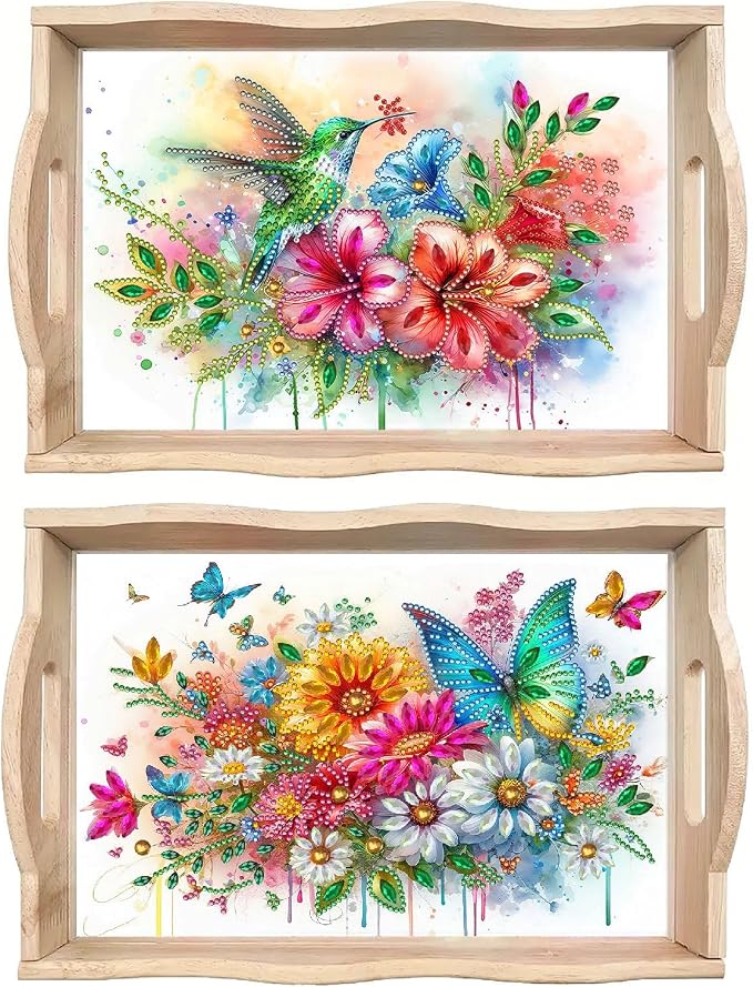 2Pcs DIY Diamond Serving Tray with Handle Handmade Gem Painting Wooden Rectangular Breakfast Tray for Dinner Plate Coffee Room Living Home Organizer-02