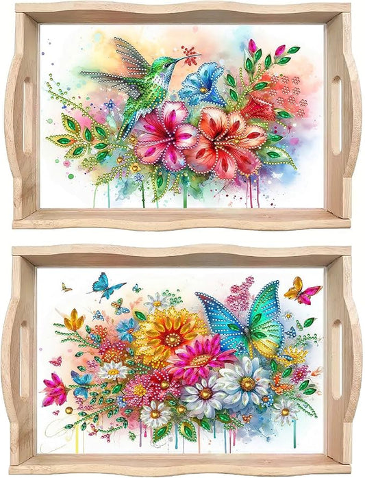 2Pcs DIY Diamond Serving Tray with Handle Handmade Gem Painting Wooden Rectangular Breakfast Tray for Dinner Plate Coffee Room Living Home Organizer-02