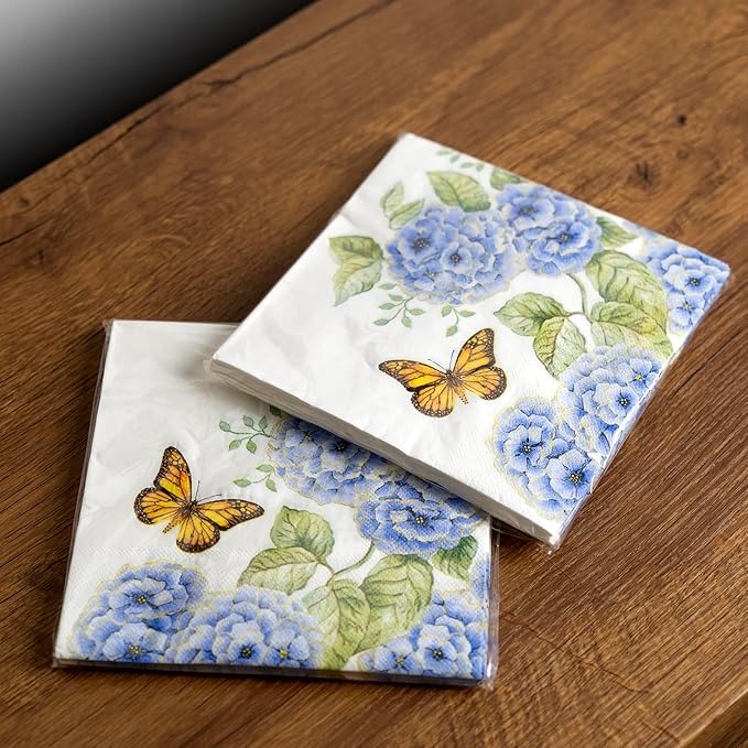 1 Gold Napkin Holder and 50 PCS Hydrangea Paper Napkins,Brass Napkin Holder,Classic combination and matching,Modern Dining Table Decor, Home Decor