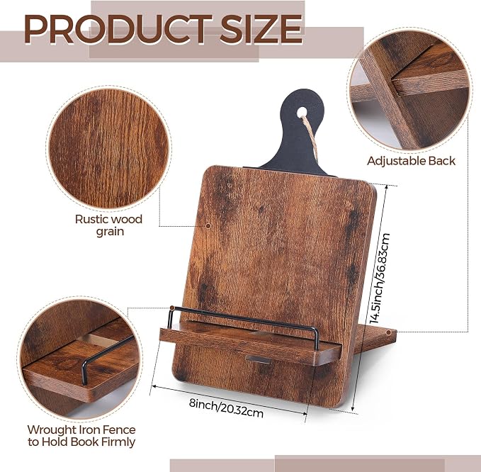 Wenqik Rustic Wooden Cookbook Stand with Charging Slot, Farmhouse Adjustable Recipe Book Holder for Kitchen Counter Tablet Magazine Display, Gifts for Chef Mom Dad Cooking Lover