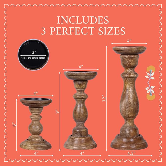 Mela Artisans 6”, 9” & 12” Mango Wood Pillar Candle Holder Set of 3 – Tuli Design Medium Polish – Wooden Candle Holders for Table, Mantel & Living Room Décor