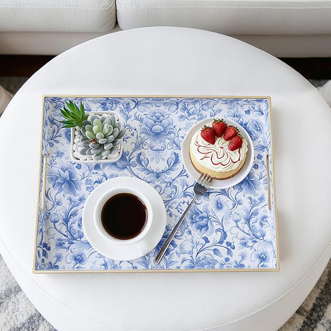 Serving Tray with Handles, 2 Pack Rectangular Plastic Tray 15.75x11.81 Inch, Blue and White Peony Chinese Porcelain Style Decorative Tray for Kitchen, Dining Table, Vanity, Office & Home