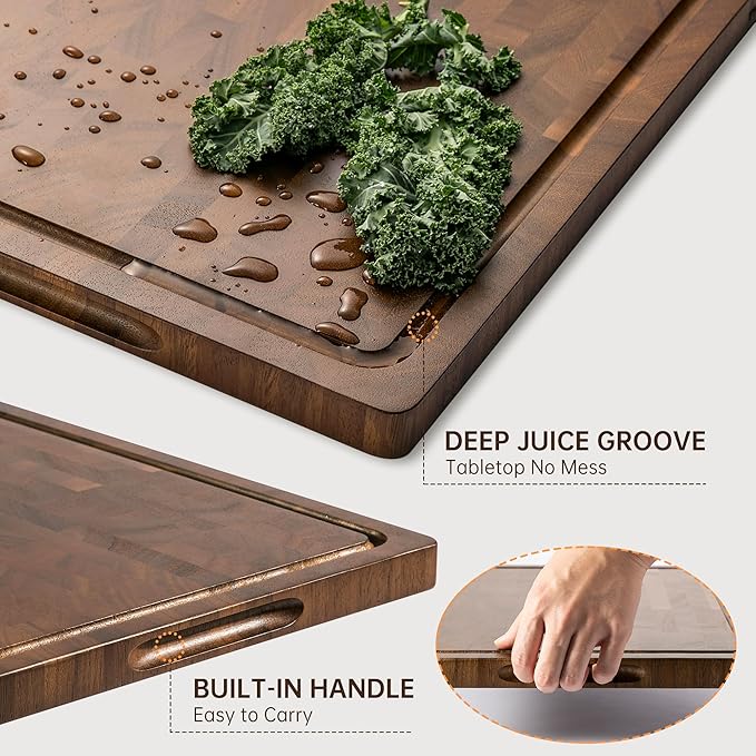 Walnut Wood Cutting Board, End Grain Cutting Boards for Kitchen, Woden Chopping Board with Inner Handle & Juice Groove, Reversible Butcher Block Meal Prep & Serving with Gift Box, 17"×13"×1"