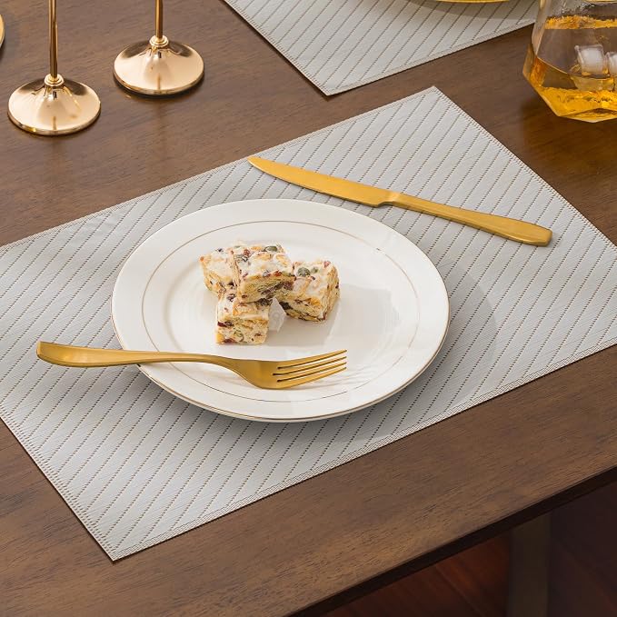 BACKTOEDEN Placemats Set of 12 Heat Resistant Washable Wipeable Placemat Woven Non-Slip Foldable Vinyl/Plastic Place Mats Indoor/Outdoor Mat Kitchen Dining Table Pad, Light Gray Twill