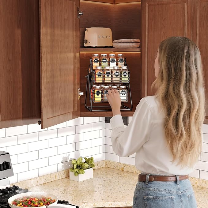 Rotating Spice Rack Organizer for Large Cabinets Kitchen Countertop with Thicken Spice Jars and Labels, Spinning Like Ferris-Wheel, Metal (M)