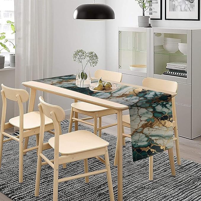 Marble Table Runner, Abstract Green and Gold Modern Luxury Texture Printed Linen Table Runners for Home Farmhouse Kitchen Dining Room Party Holiday Decor 13" W x 48" L