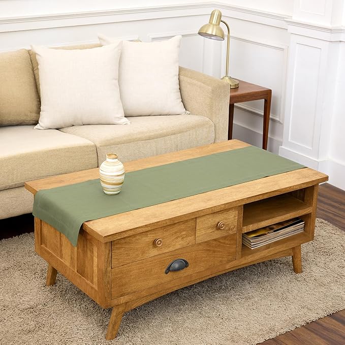 Solino Home Linen Table Runner 48 Inches - 100% Pure Linen Oil Green Table Runner 14 x 48 Inch Ideal for Dresser and Coffee Tables - Spring, Summer - Fete