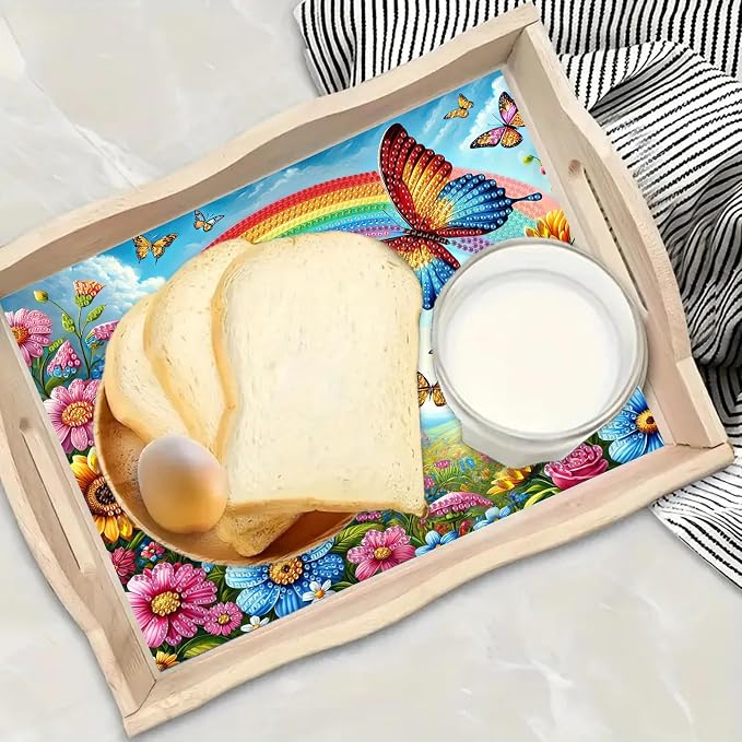 BAYUNOE DIY Diamond Serving Tray Rectangular Breakfast Tray with Handle Handmade Diamond Art Painting Wooden Tray Spring Creative Dinner Plate Coffee Room Living Home Organizer-Rainbow Butterfly Bush