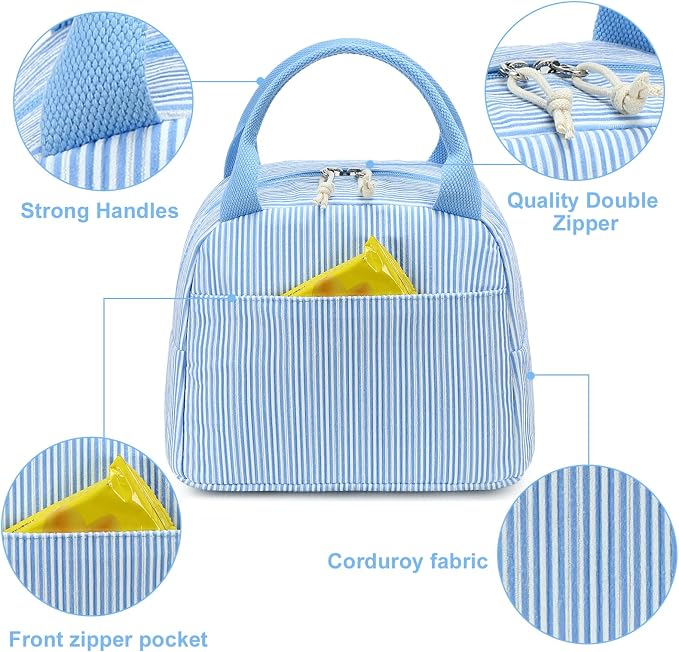 LEDAOU Lunch Box for Women Insulated Lunch Bag Corduroy Lunch Tote Bags Leakproof Cooler Lunch Case for Travel Work Picnic (K-Stripes-Blue)
