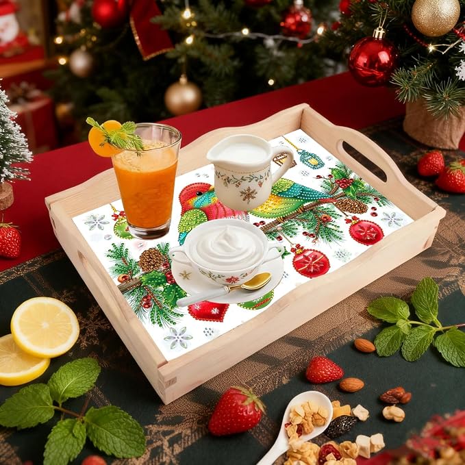 BAYUNOE DIY Diamond Serving Tray Christmas Rectangular Breakfast Tray with Handle Handmade Diamond Art Painting Wooden Tray for Dinner Plate Coffee Room Living Home Organizer-Colorful Bird