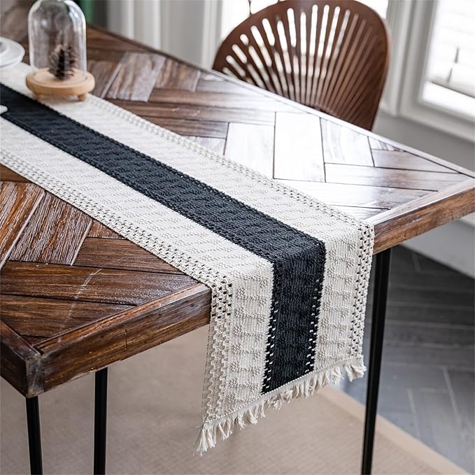 Macrame Table Runner Cream Beige and Black Boho Table Runners with Tassels Hand Woven Cotton Table Runner Rustic Farmhouse Table Runners for Bohemian Kitchen Dining Table(12x48in)