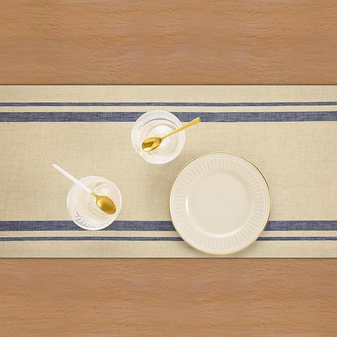 Solino Home Linen Striped Table Runner 144 Inches Long - French Stripe 100% Pure Linen Navy and Natural Dining Table Runner 14 x 144 Inch - Handcrafted and Machine Washable