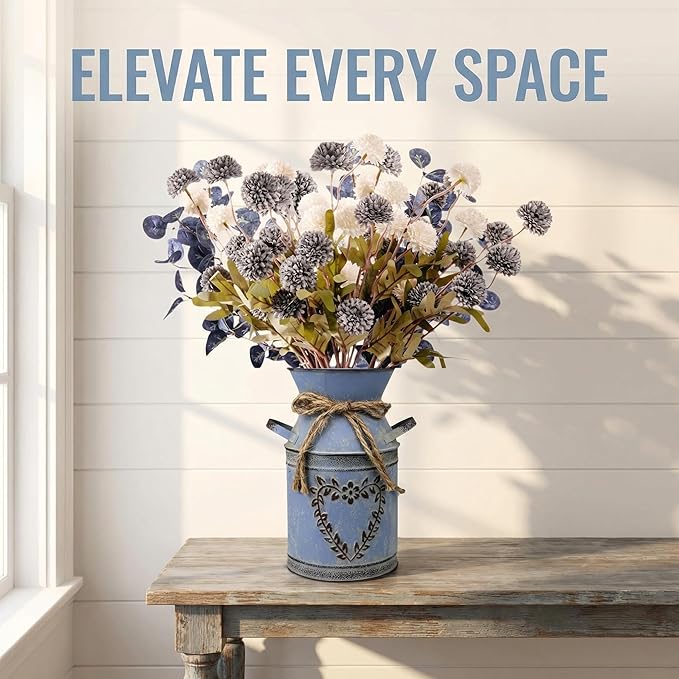 16.5''H Fake Flowers in Vase for Centerpiece Table Decorations with 10Pcs Fake Mums Flowers Eucalyptus Stems Faux Pompon Kiku Flowers Arrangement for Home Farmhouse Decor (Blue and White)
