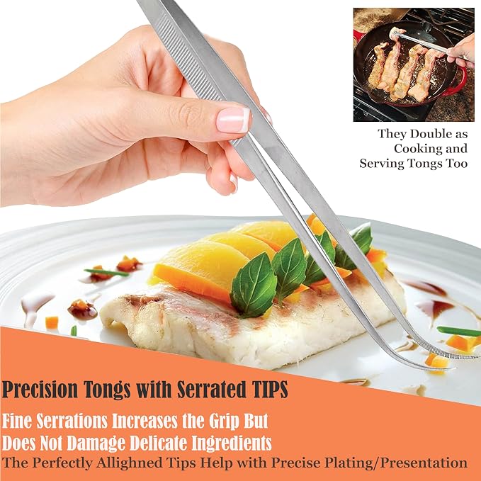 Professional Culinary Stainless Steel Precision Tongs With Serrated Tips - 12 Inch Curved Plating/Food Presentation Detailing Serving Tweezer - Chef's Kitchen Ultra Non-Slip Grip