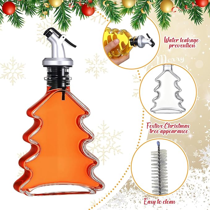 Vesici 3 Pack Christmas Glass Syrup Dispenser 6.8oz Clear Olive Oil Bottles Set with Pourers Funnel and Brush Christmas Tree Syrup Bottles Set Xmas Coffee Bar Decoration Bathroom Kitchen Gifts