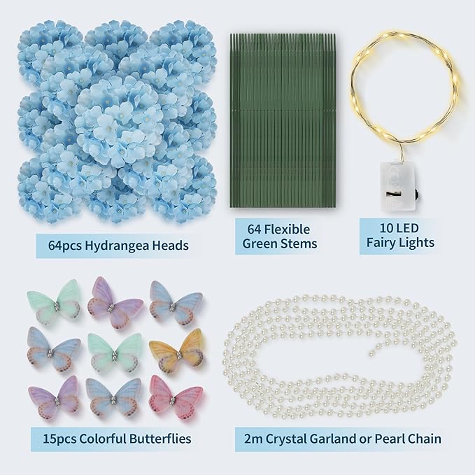 Artificial Hydrangea Flowers Bulk 64PCS Silk Hydrangea Heads with Stems for Vase Fillers, Floral Arrangements, Wedding Centerpieces, Home Table Decorations