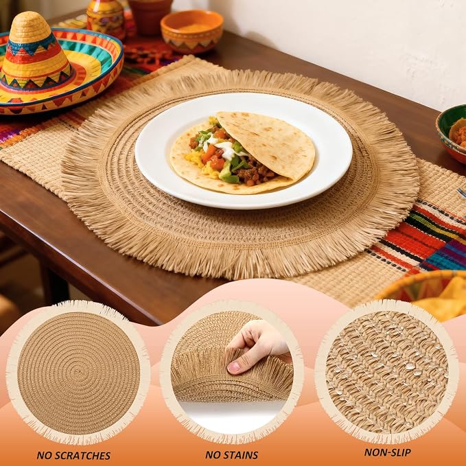 6 Pack15 Inch Round Woven Placemats Brown Boho Washable Braided Straw Placemats with Fringe Bohemian Rustic Table Mats for Dining Table Nonslip Plate Farmhouse Kitchen Decor