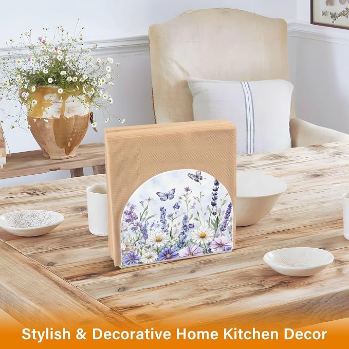 Spring Wild Flowers Purple Butterfly Napkin Holder for Tables Paper Cocktail Napkin Holders for Kitchen Dinning,Acrylic Dinner Napkin Dispenser for Restaurant Home Decor Bar Accessories 2 Pack