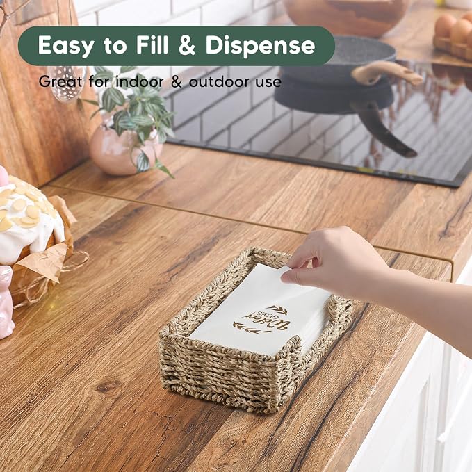 Napkin Holder for Bathroom, Woven Wicker Seagrass Guest Towel Holder Tray, Disposable Paper Hand Towel Holder for Bathroom Accessories, Dinner Napkin Holder for Kitchen Table Party