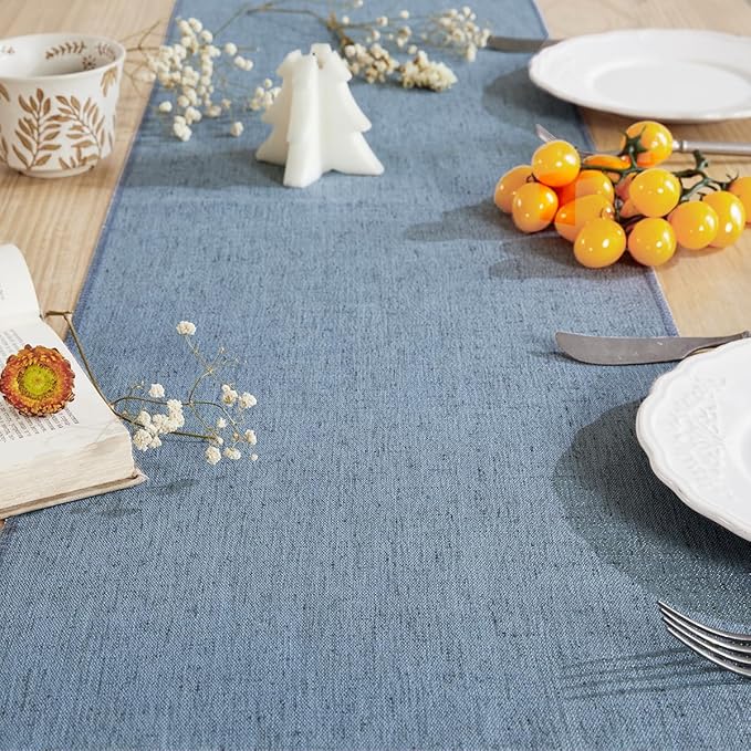 Linen Style Rustic Table Runner, Farmhouse Cotton Linen Table Runner, Boho Table Runners 60 Inches Long with Hand Tassels for Home Tabletop Decor and Everyday Use - Dusty Blue, 60 Inch