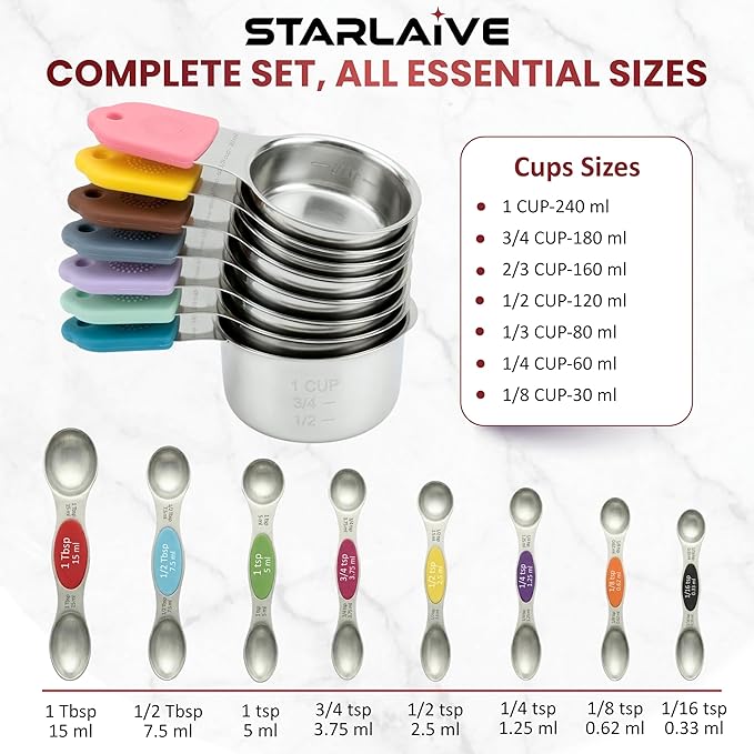 Magnetic Measuring Cups and Spoons Set of 16, 304 Stainless Steel with Multicolor Silicone Handles, 7 Cups, 8 Double-Sided Spoons and Leveler, Laser-Engraved, Stackable, Dishwasher Safe for Baking