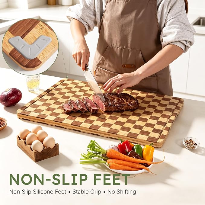 20”Extra Large Bamboo Cutting Boards for Kitchen Wooden Checkered Cutting Board Heavy Duty Butcher Block Juice Groove Non Toxic End Grain Charcuterie Board Serving Non Slip XXL Wood Chopping Board