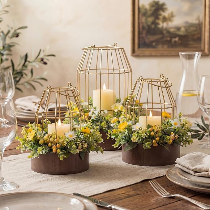 Rustic Farmhouse Lantern Decoration Set of 3, Modern Decorative Lanterns Indoor Outdoor, Metal Candle Holders for Porch Patio Fireplace Mantle Dining Room Table(Light Brown, Gold)