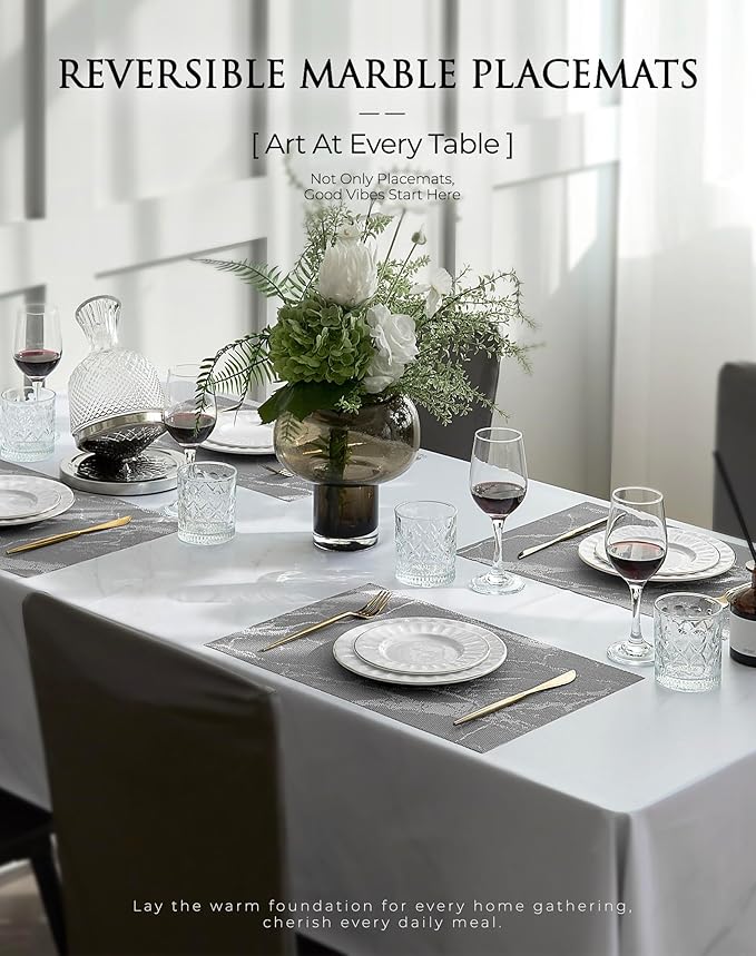 Leetaltree Reversible Marble Placemats Set of 8 – Ships Flat and Stays Flat, Durable Washable Vinyl PVC Placemats, Heat Resistant, Easy Wipe Clean (Gray Marble Pattern)