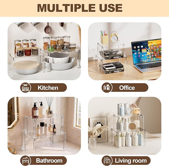 Acrylic Cabinet Organizer, Set of 4 Stackable Spice Rack for Kitchen Organizer Storage Countertop Spice Organization for Cabinet Display Shelves(Clear)
