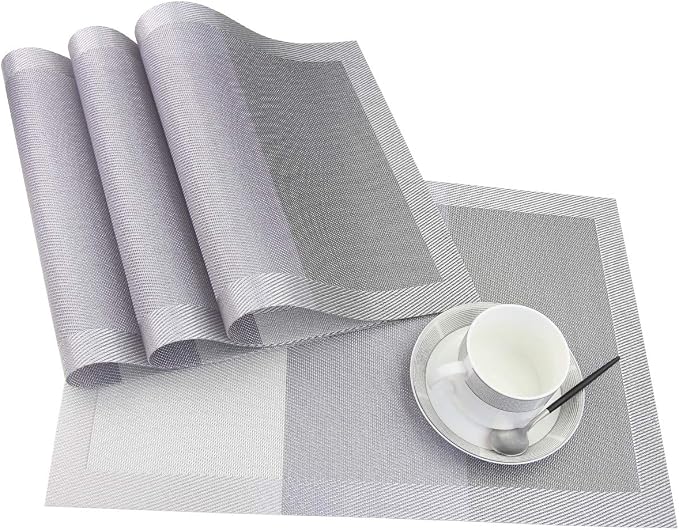 PIGCHCY Placemats 18x12 Inches Plastic Table Mats, Washable Easy to Clean Woven Vinyl for Dining Table Set of 4 (Classic Grey)