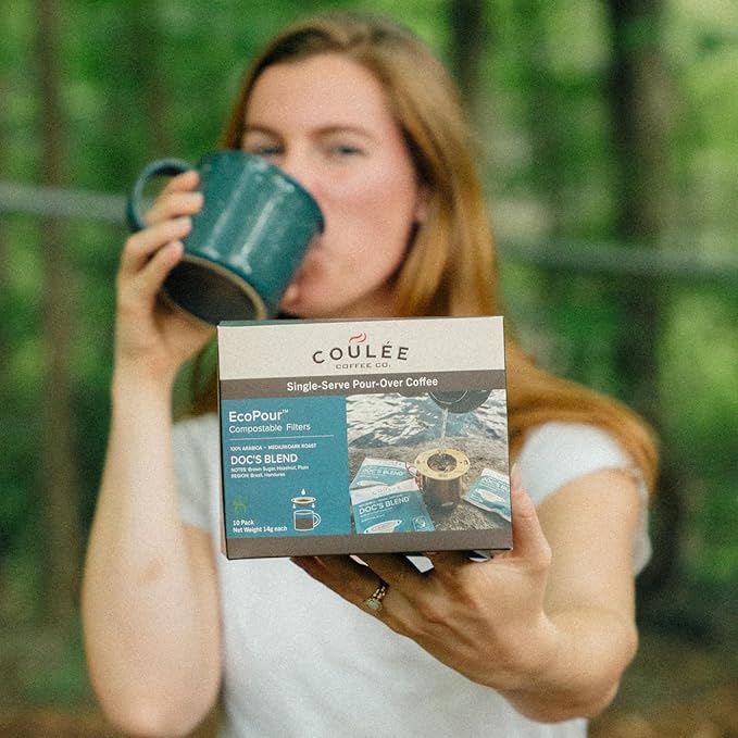 Coulée EcoPour O.G. Coffee, All Paper Single Serve Pour Over Colombian Coffee, Medium Roast, Use for Camping or Traveling, Pre Filled Compostable, All Paper Filters, Ready to Brew with Hot Water, Plastic Free, 10 Pack | camping-coffee-and-tea-pots