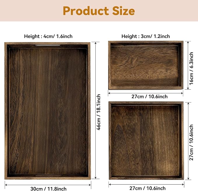 3-Piece Wooden Serving Tray Set - Nesting Platters for Entertaining & Breakfast