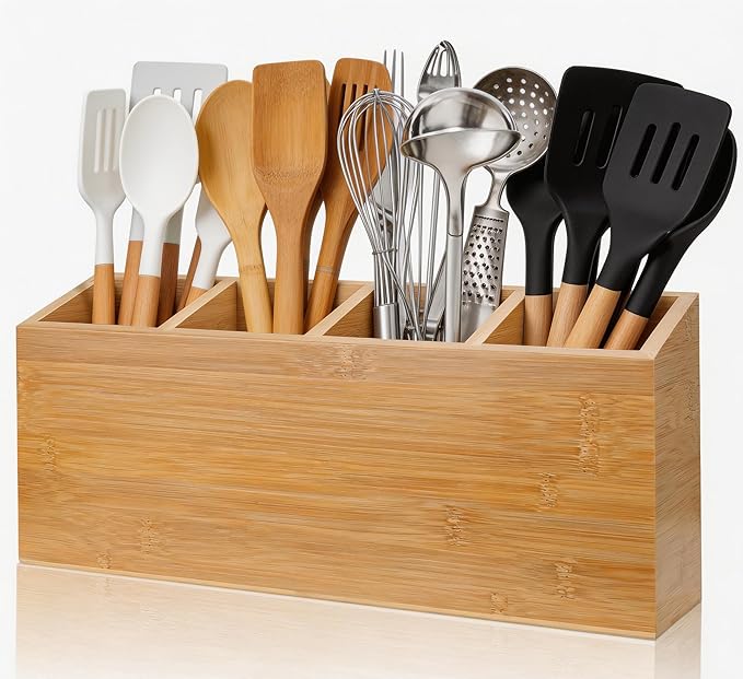 Wingsife Utensils Holder with 4 Compartments, Bamboo Utensil Organizer for Kitchen Countertop, Silverware Caddy Cutlery Holder for Flatware Fork Spoon Spatula, Cooking Utensil (Classic)