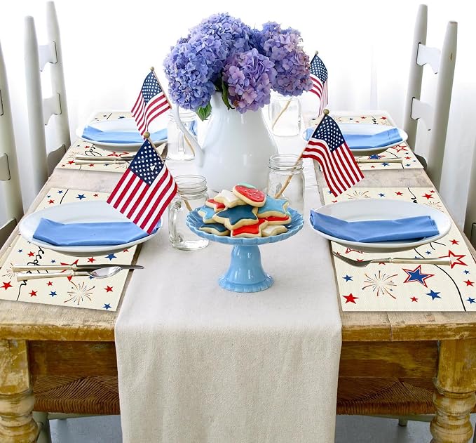 Niviy 250th Anniversary USA Placemats, Red Blue Stars Fireworks Patriotic Placemats Set of 6, 12x18 Inch Memorial Day Independence Day Table Mats for Holiday Party Kitchen Dining Room Decoration