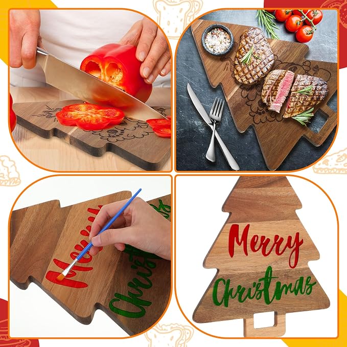 Umigy 2 Pcs Christmas Cutting Board Christmas Tree Charcuterie Boards Kitchen Wooden Santa Claus Acacia Cute Cutting Board with Handle for Housewarming Wedding Xmas Party Supplies