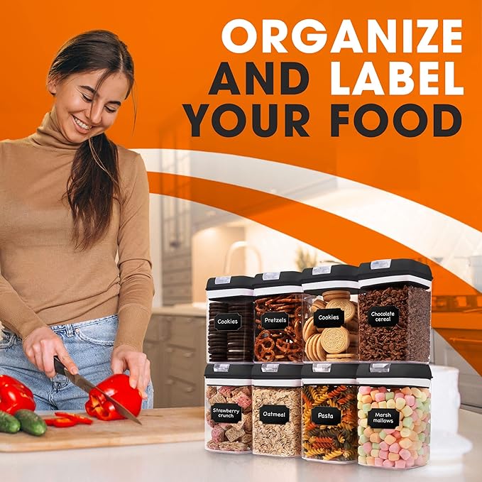 Set of 8 Airtight Food Storage Containers - Pantry Organizer Bins, BPA Free Plastic Containers plus Dry Erase Marker and Labels, Black