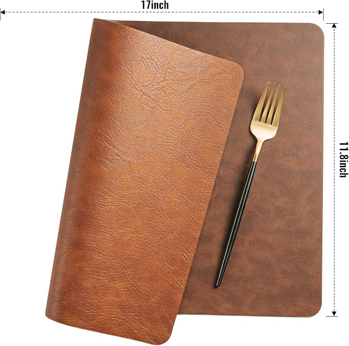 Placemats Set of 4, DOLOPL Reversible Dual-Color Faux Leather Place Mats 17"x11.8"– Waterproof, Heat Resistant, Washable & Wipeable, Luxury Retro Style for Kitchen Dining Table (Reddish Brown & Brown)