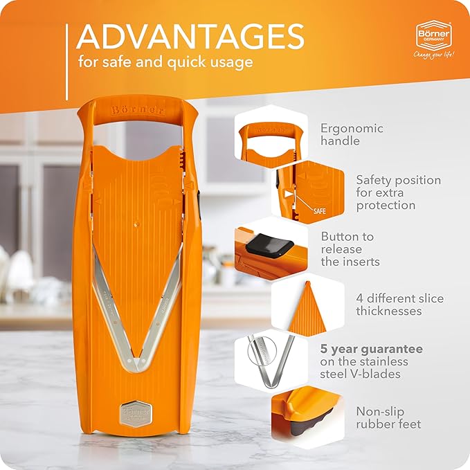 Mandoline Food Slicer Börner V5 (Basic Set) by Reston Lloyd • V-Slicer with Food Holder • Made in Germany • Fruit & Vegetable Chopper • Multiple Settings • Color: Orange