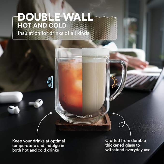ovalware 500ml Double Wall Glass Coffee Mugs, Single Lip Mugs Made of Durable Borosilicate Glass, Insulated Coffee Mug with Handle for Hot and Cold Drinks - Frost White