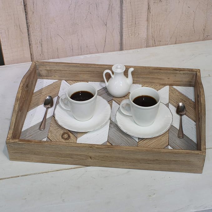Stonebriar Decorative Rectangle Multicolor Chevron Wood Tray with Handles, 18" x 12"