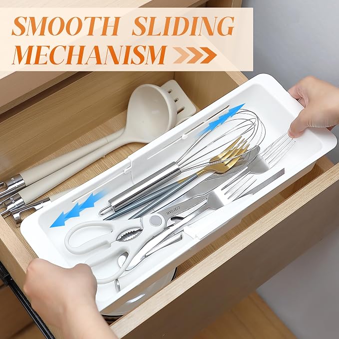 2 Pack Deep Drawer Organizer Bins, Sliding Drawer Organizer Bin Expandable and Adjustable Tray for Kitchen Utensils, BBQ Tools, Towels, Durable Plastic Sliding for Easy Storage(12.4-17.7")
