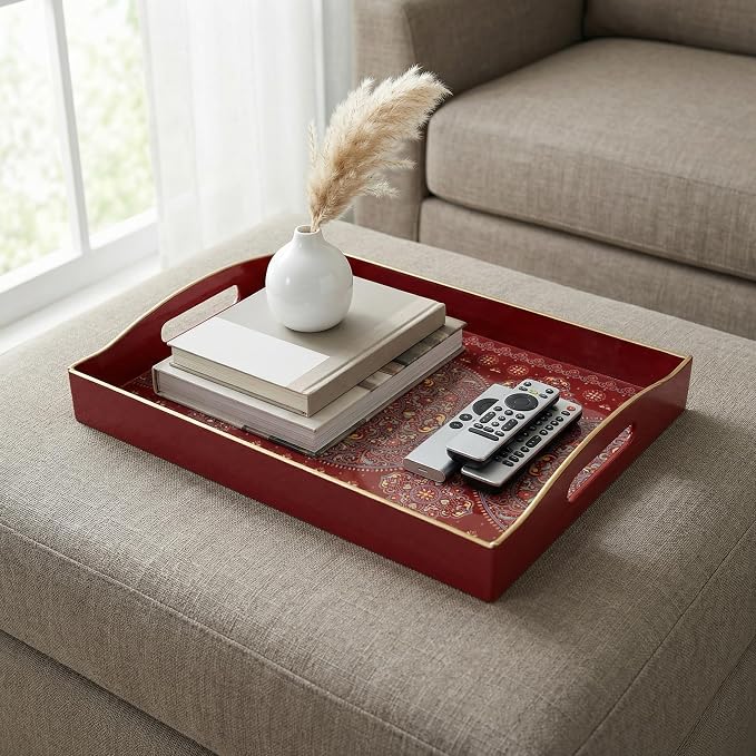 Boho Red Decorative Tray, Serving Tray with Handles, Plastic Tray for Coffee Table, Ottoman - Ideal for Living Room & Bathroom. 15” x 11” x 2.5”