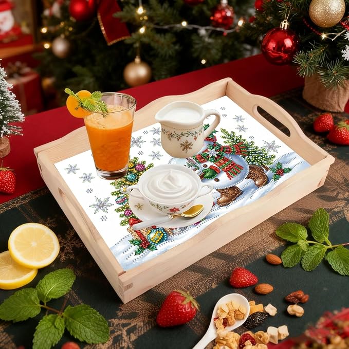 DIY Diamond Serving Tray with Handle Handmade Gem Painting Wooden Rectangular Breakfast Tray for Dinner Plate Coffee Room Living Home Organizer-Snowman