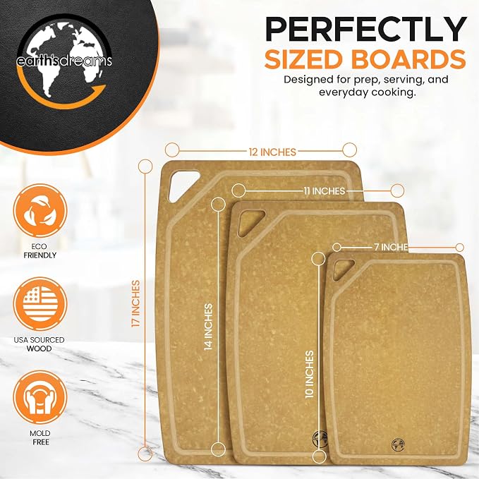 Earth's Dreams Composite Wood Cutting Board Set of 3 – Dishwasher Safe, Non-Toxic Cutting Boards for Kitchen – Large, Medium & Small Non-Slip Wood Charcuterie & Chopping Boards (Tan/Juice)