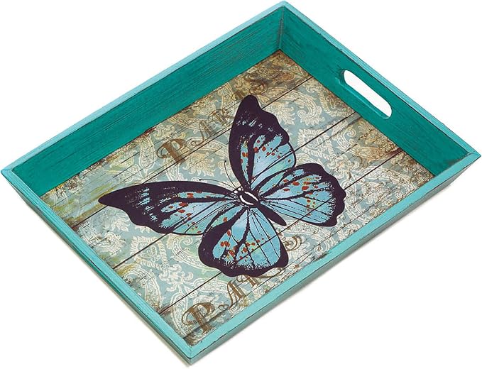 Zingz & Thingz Butterfly Garden Collection Wooden Serving Tray, Blue, 16x12.25x2