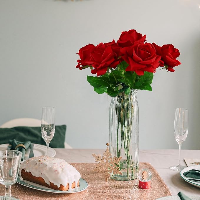 Eyamuno 7pcs Artificial Rose Fake Flowers Long Stem Fake Silk Real Touch Roses for DIY Wedding Party Table Centerpiece Home Decor, 45CM, Red-45cm
